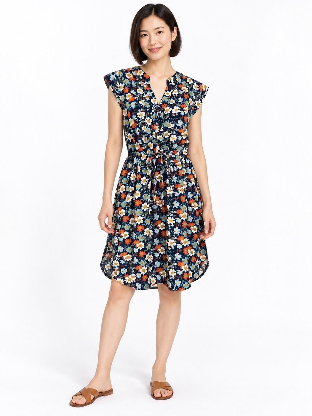 L.A. Soul Navy Blue Floral Print Button Front Cap Sleeve Knee Length Dress